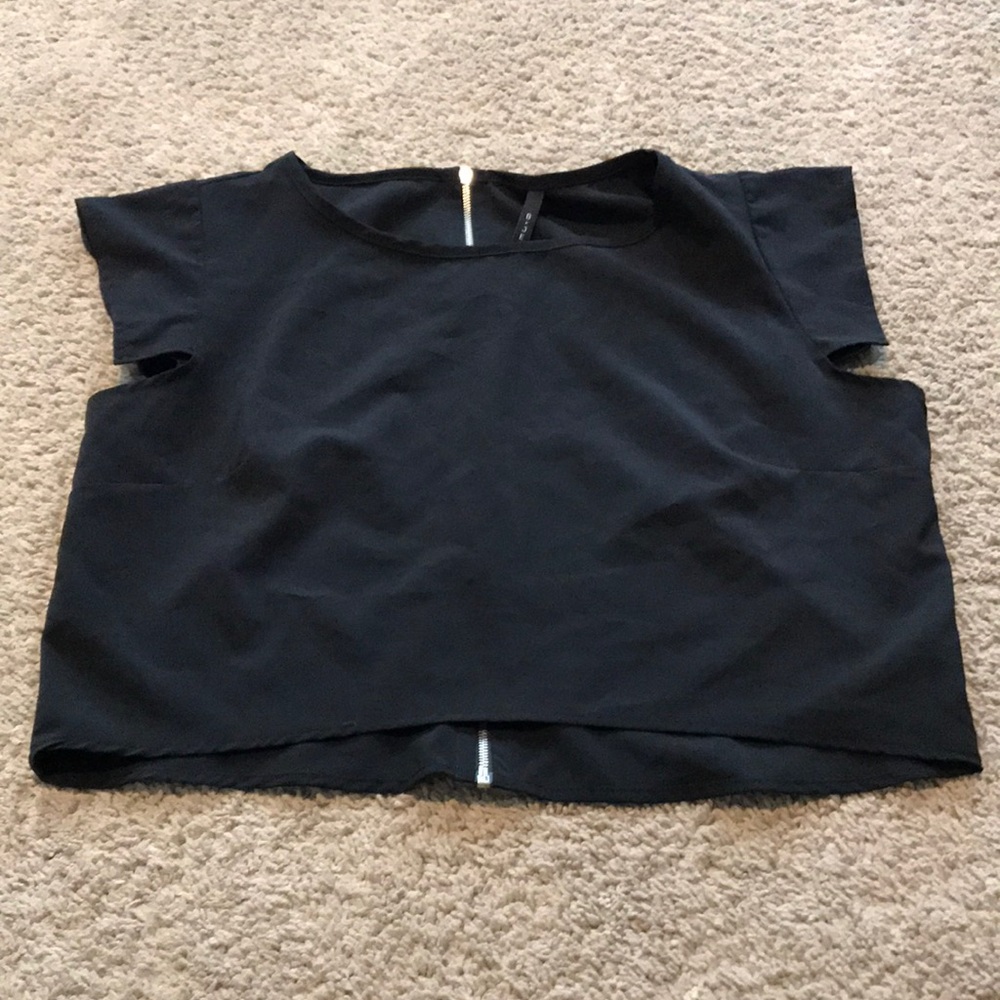Black crop blouse with gold zipper up the back